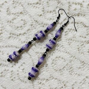 Handmade Upcycled Jewelry Earrings Black Purple White Long Dangle Hook Whimsical